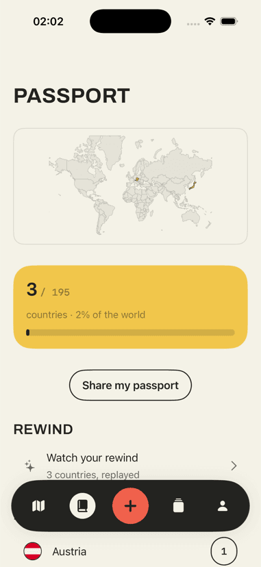 Farhop's passport screen: a world map, a count of countries against 195, and a share button.